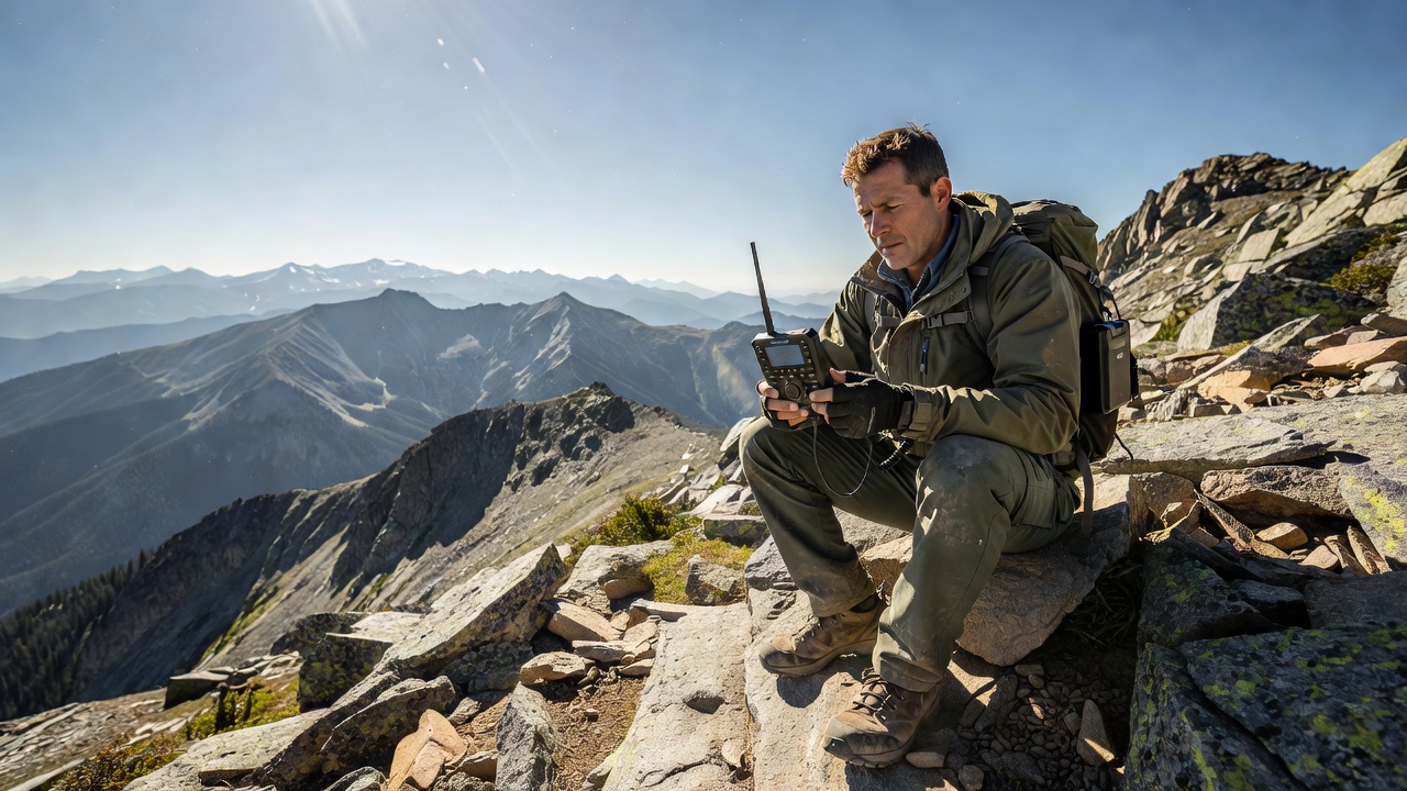 Backcountry hiker operating Opentrailbeacon satellite telemetry hardware on mountain peak