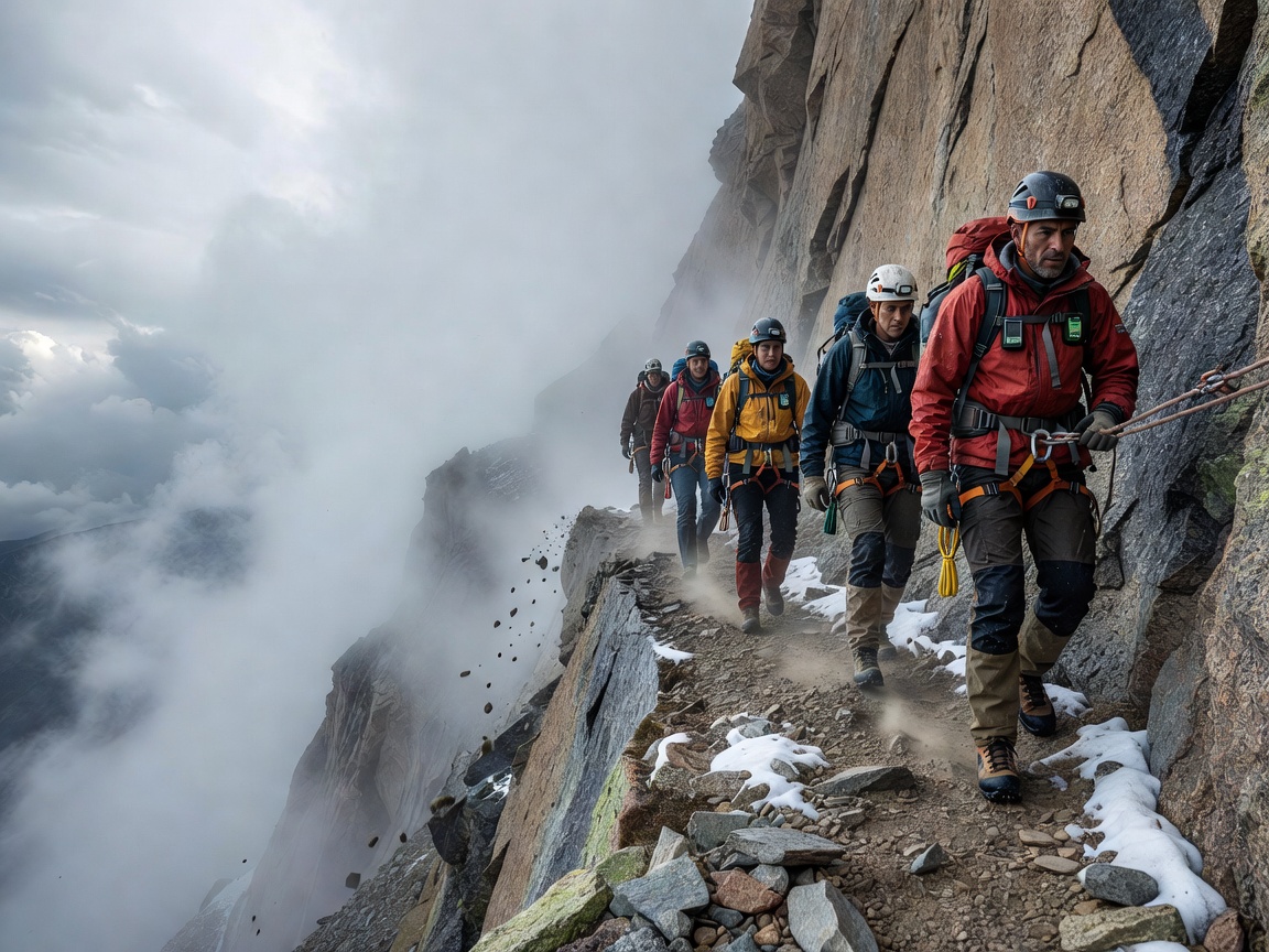 Expedition crew navigating mountain path with safety tracking gear