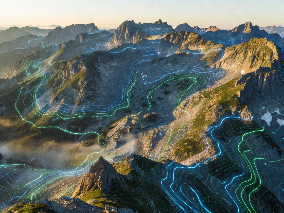 Rugged mountain landscape with topographical tracking map data integration